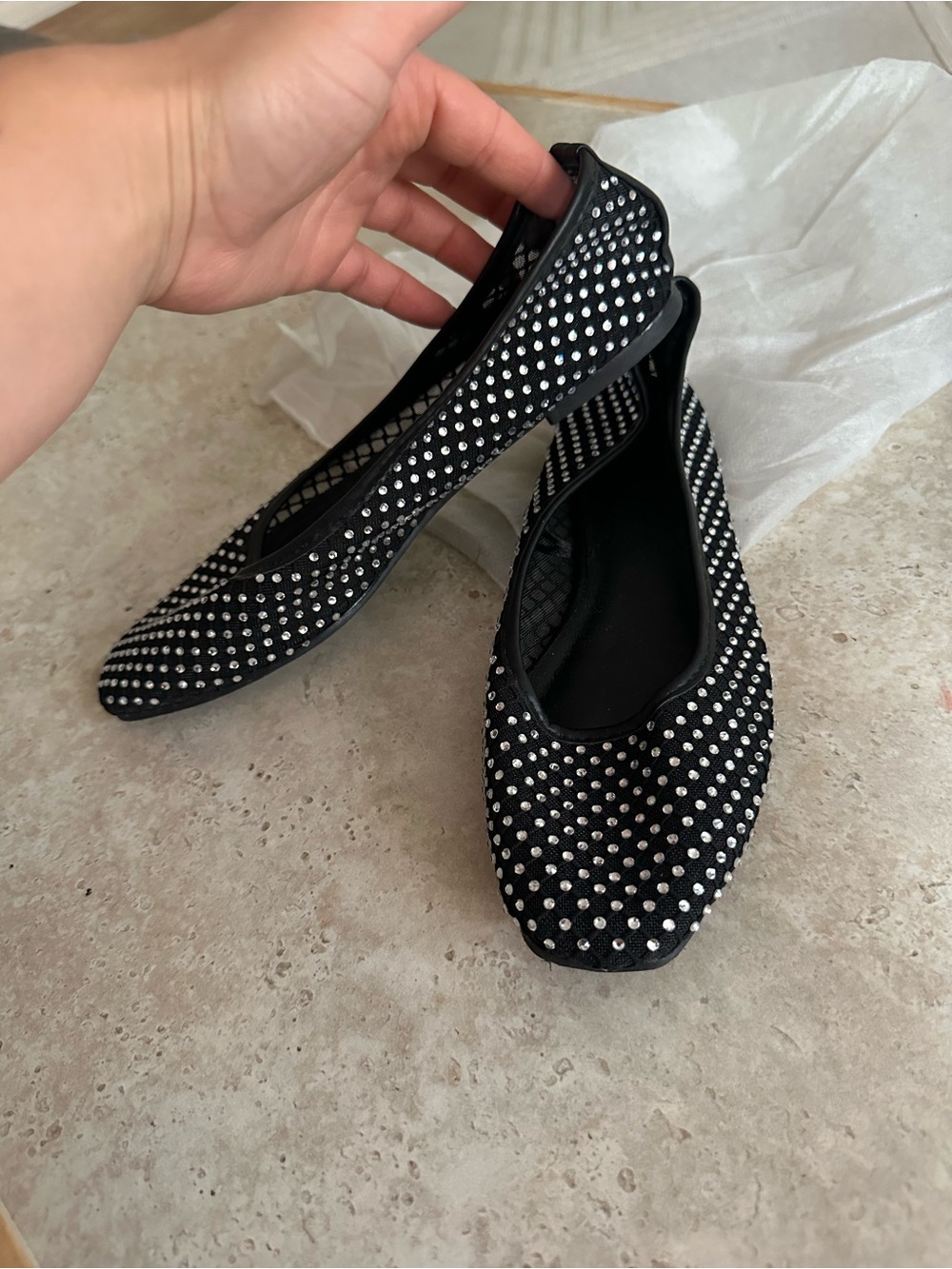 Black Crystal Studded Women's Ballet Flats